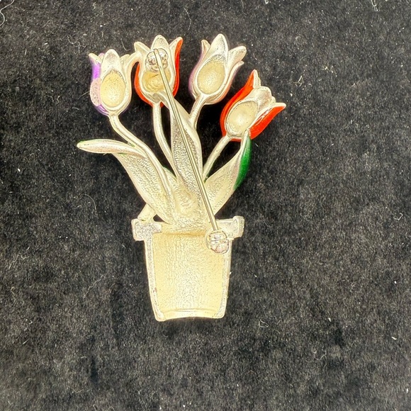 Flowerpot Brooch Pin, Tulip Potted Plant Brooch, Costume Jewelry Mid Century - Picture 2 of 2